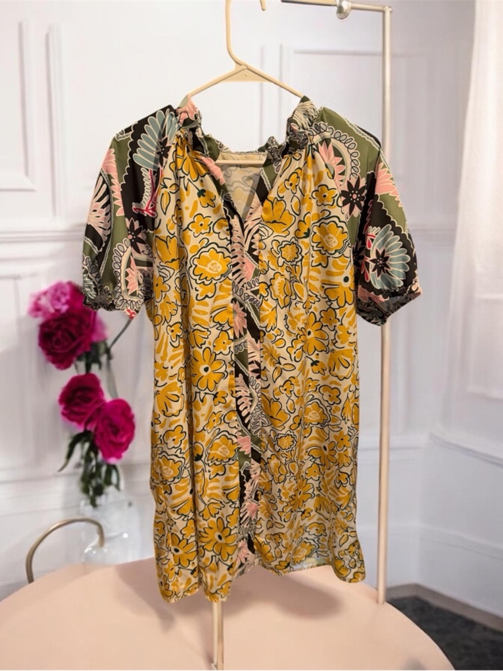 Source Unknown Yellow Floral Midi Dress with Olive and Pink Accents